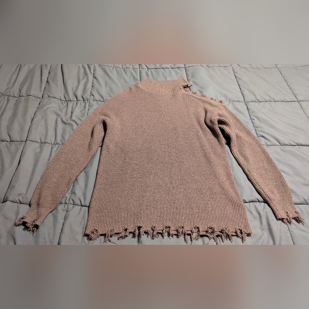 MAURICES Women's Fringe Distressed Cold Shoulder Beige Mauve Sweater size Large